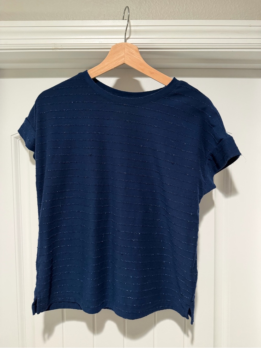 Ellen Tracy Navy Short Sleeve Knit Top with Subtle Stripe Texture